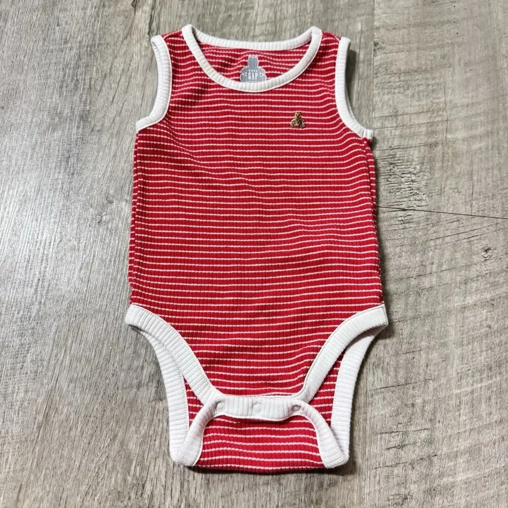 Baby Gap Brannan First Essentials Red Stripped Tank Bodysuit Bear 12-18 Months